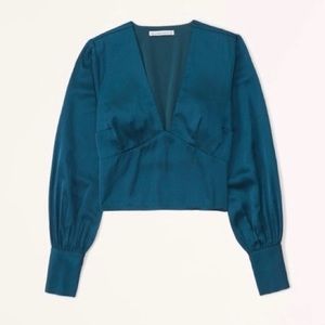 Abercrombie & Fitch Long-Sleeve Satin Puff Sleeve Top in dark teal turquoise